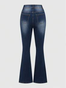 ROMWE Fairycore 花卉刺繡洗水喇叭牛仔褲 - 藍色 - 查看 2