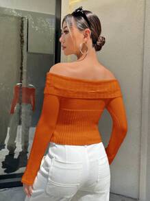 SHEIN Unity Creative Tie Detail Off-The-Shoulder Sweater Knit Pullover Fall Winter Outfit - Orange - View 2