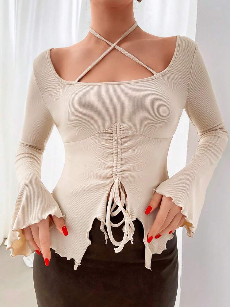 Women's Crisscross Drawstring Halter Neck Tie T-Shirt