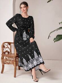Modelyn Women'S Polka Dot Printed Belted Lantern Sleeve Dress Fall Cloth For Women - Black - View 6