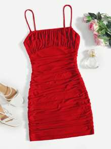 SHEIN Teen Girl Knitted Mesh Ruffle Casual Cami Dress - Red - View 6