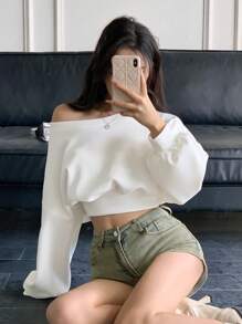 DAZY 女式不对称领口长袖运动衫、长袖上衣、返校服、秋季女装 - 白色 - 查看 8