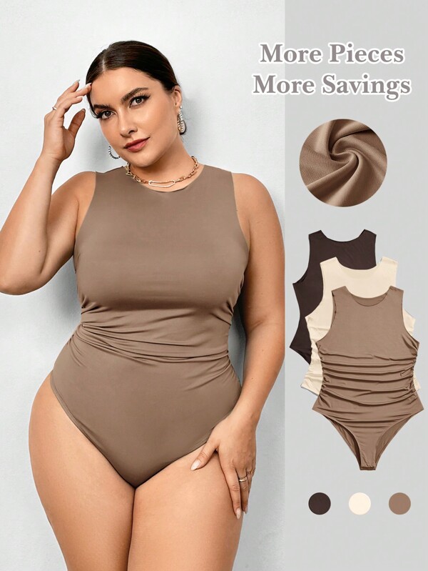 SHEIN Essnce 3pcs Plus Size Round Neck Ruffle Backless Bodysuit