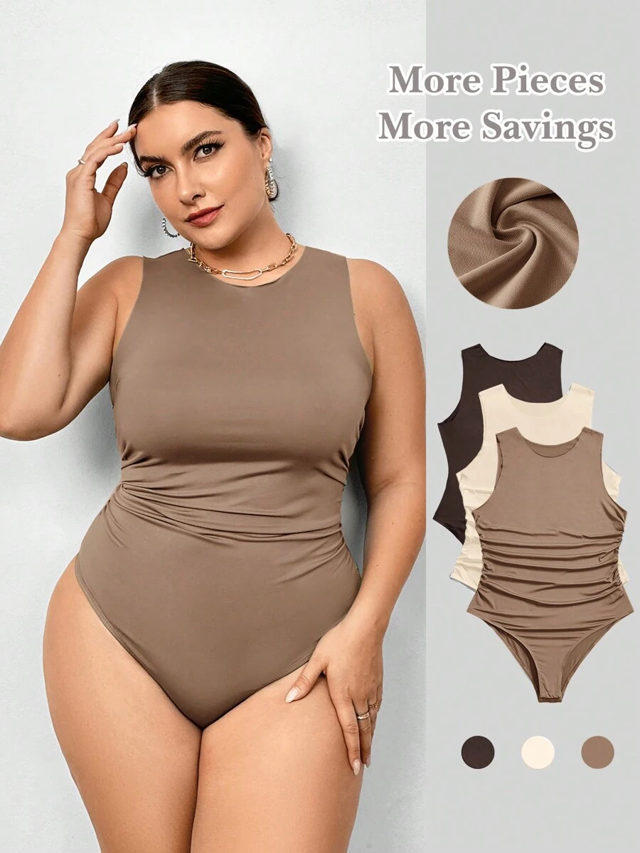 SHEIN Essnce 3 件大尺寸圓領荷葉邊露背連身衣 - 駝色 - 查看 1