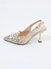 Giày cao gót mũi nhọn dành cho nữ, trang trí bằng ngọc trai giả, thanh lịch, phù hợp cho tiệc tùng và đám cưới. - Màu be - Xem 3
