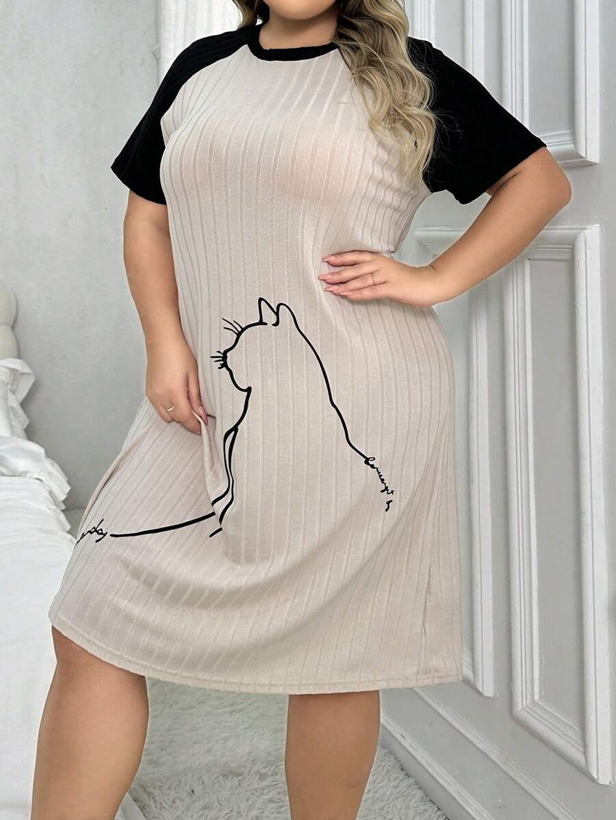 Ladies' Cartoon Cat Patterned Plus Size Casual Night Dress - Multicolor - View 1