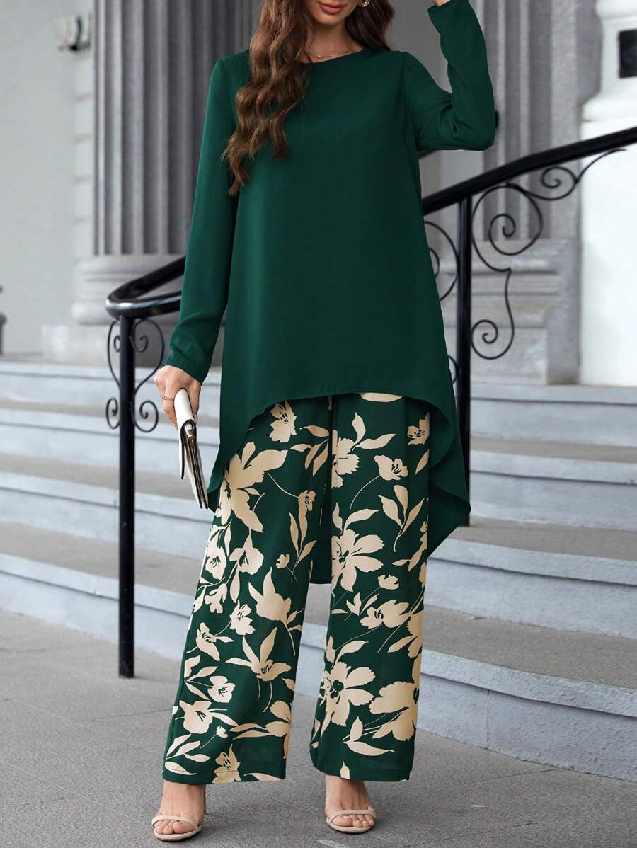 EMERY ROSE Zweiteiliges Set Aus Einfarbigem, Schlichtem Oberteil Und Bedruckten Hosen Für Damen