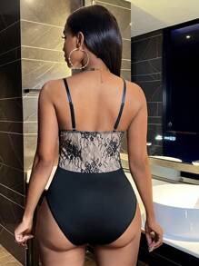 SHEIN Slayr Sheer Lace Bodysuit Illusion - Black - View 2