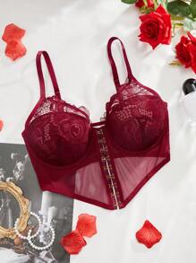 SHEIN Của phụ nữ Ren Nối Lưới Bras - Màu Đỏ Sâu - Xem 3