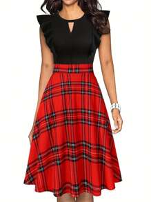 女式格子拼布短款盖袖 A 字形连衣裙 - 黑色 - 查看 3