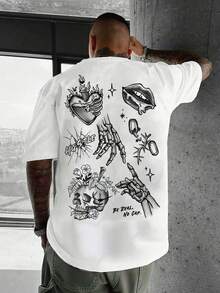 Manfinity EMRG 男士鬆身領口骷髏心形圖案短袖T恤 - 白色 - 查看 1