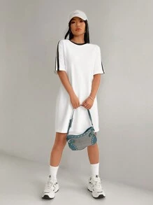 SHEIN EZwear Women's Colorblock Dress T Shirt Dress - Black and White - View 3