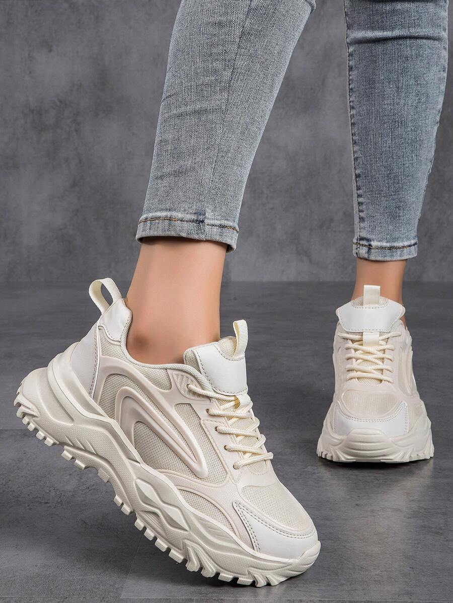 女性運動款前筒厚底運動鞋,日常女鞋時尚厚底拼色繫帶女墊鞋,女式輕量透氣戶外運動鞋網球鞋 - 米色 - 查看 1