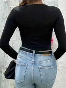 INAWLY Solid Color Long Sleeve Casual Bodysuit Fall Cloth For Women - Black - View 2