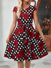 EMERY ROSE Của phụ nữ Mùa Xuân Chiều dài đầu gối Hoa hồng & Chấm bi In Đầm Với thắt lưng - Nhiều màu - Xem 1