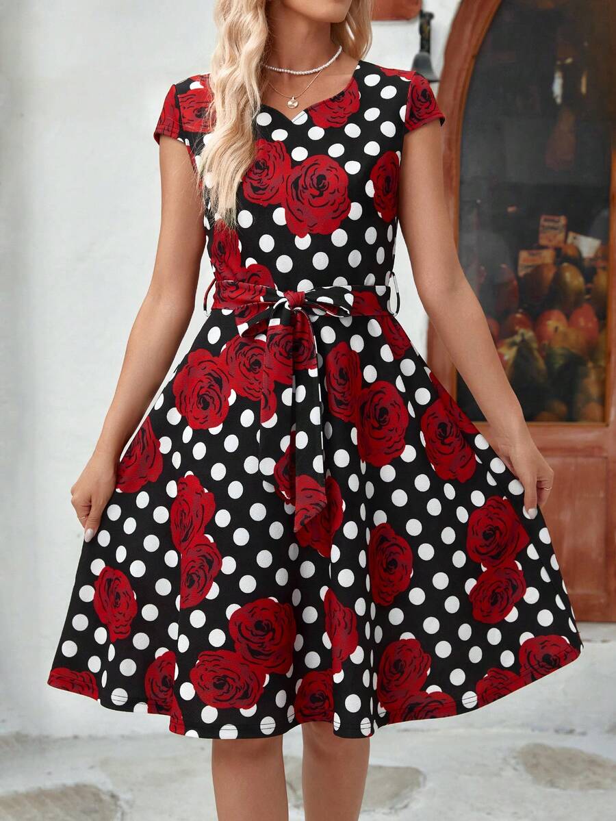 EMERY ROSE Của phụ nữ Mùa Xuân Chiều dài đầu gối Hoa hồng & Chấm bi In Đầm Với thắt lưng - Nhiều màu - Xem 1