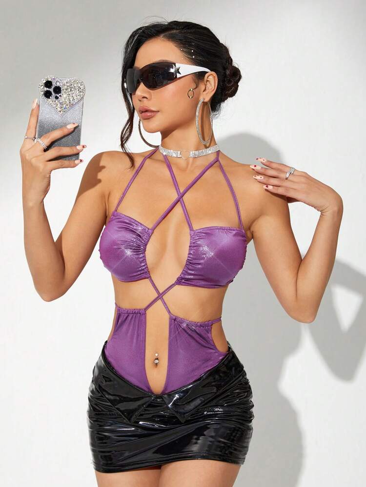 Y2k Summer Women's Slim Fit Halterneck Bodysuit With Lace-Up Detail And Hollow Out Design