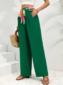 SHEIN LUNE Green Slanted Pocket Belted Trousers - Green - View 5