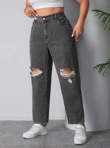 SHEIN EZwear Kích thước lớn Của phụ nữ Đau khổ Denim mùa giặt Denim Quần jean Tapered - Xám - Xem 3