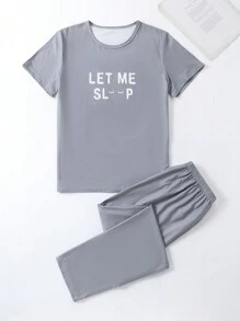 Teen Boy Letter Printed Short Sleeve Top And Long Pants Pajama Set - Grey - View 1