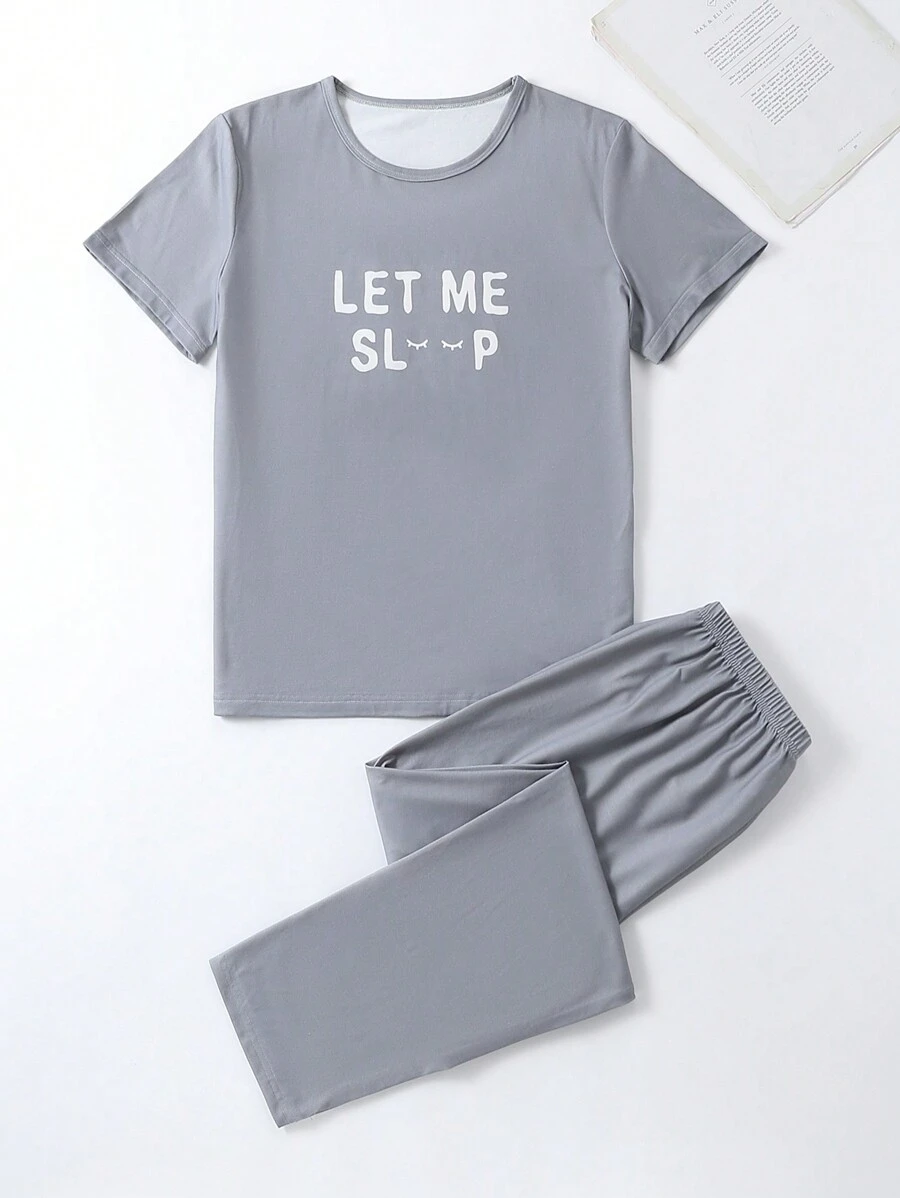 Teen Boy Letter Printed Short Sleeve Top And Long Pants Pajama Set - Grey - View 1