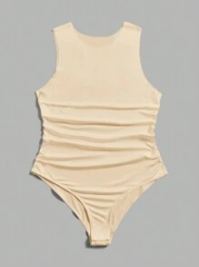 SHEIN Essnce 3 件大尺寸圓領荷葉邊露背連身衣 - 駝色 - 查看 6