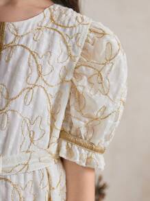 SHEIN 女孩刺繡泡泡袖連身裙 - 米色 - 查看 5