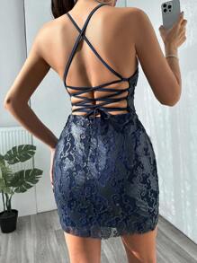 SHEIN Cottnline Glittering Cross Strap Backless Halter Party Dress - Navy Blue - View 2