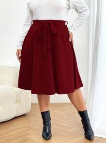 SHEIN Essnce 大尺碼純色腰帶裙 - 酒紅色 - 查看 5