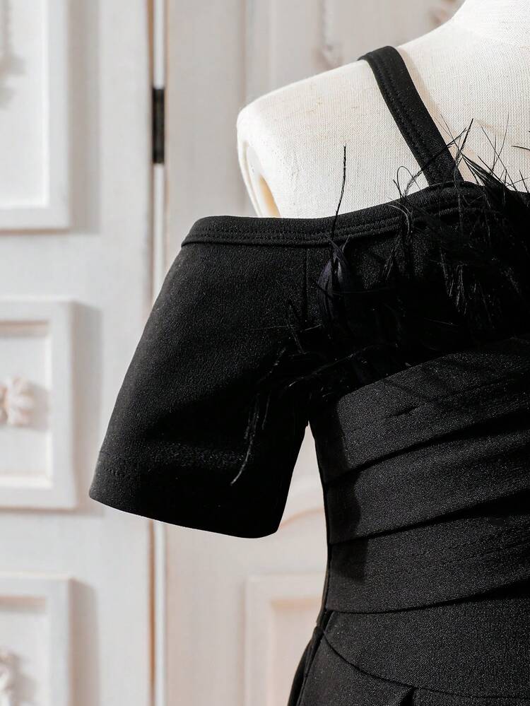 Young Girls' Black Fuzzy Shoulder Cut Out Decoration Dress, Suitable For Evening Party