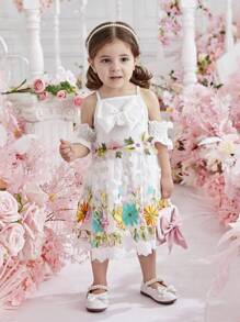 Đứa bé gái Rỗng Áo Bowknot Nghệ Embellished Lưới thêu Đầm - trắng - Xem 1