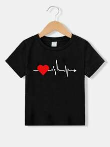 Hearts/Family Outfits/Young Boy Casual Simple Cartoon Design Short Sleeve Round Neck T-Shirt Suitable For Summer - Black - View 1