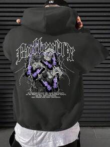 Manfinity EMRG 男士宽松图案印花连帽运动衫，带保暖内衬，适合寒冷天气 - 灰色 - 查看 1