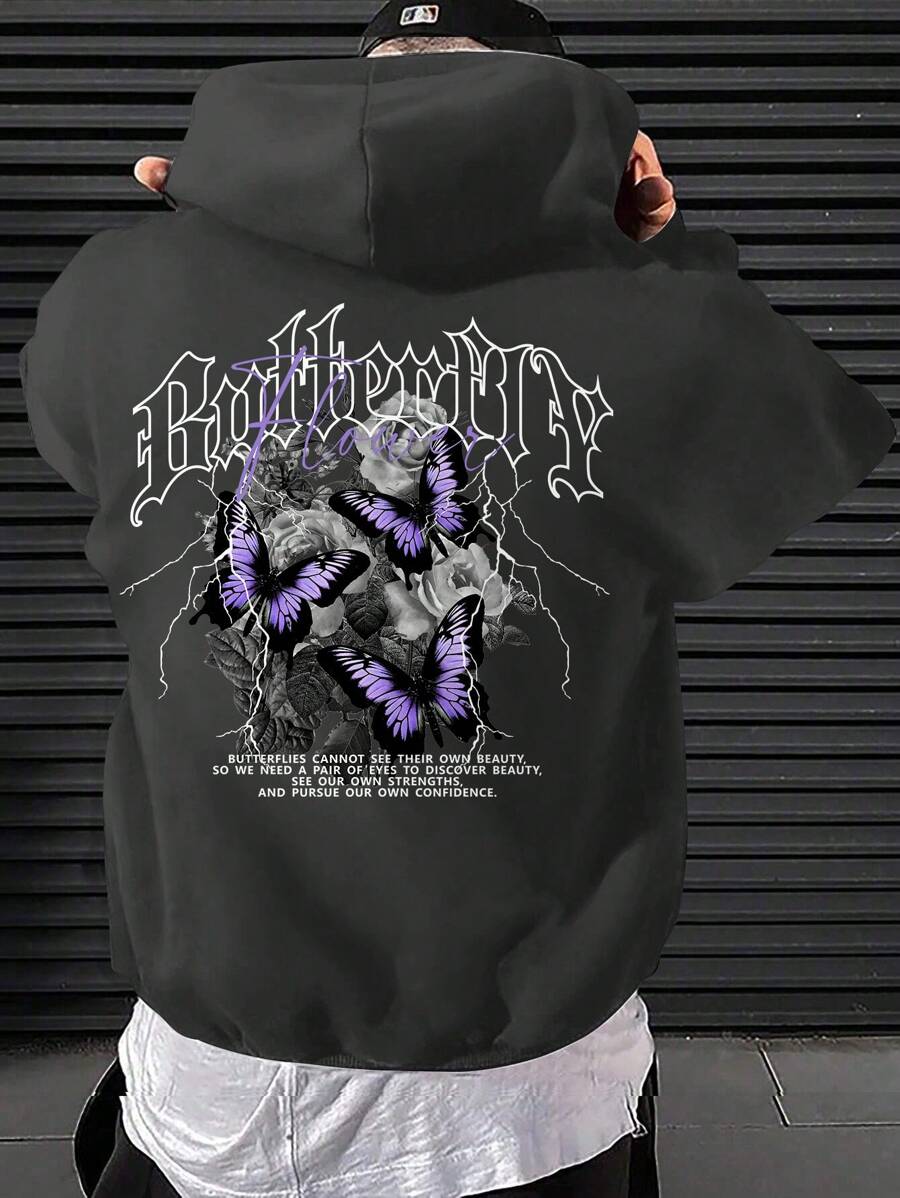 Manfinity EMRG 男士宽松图案印花连帽运动衫，带保暖内衬，适合寒冷天气 - 灰色 - 查看 1