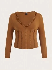 ROMWE PUNK Plus Size Women's Frill Trim V-Neck Long-Sleeved T-Shirt - White - View 1