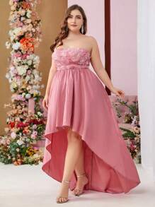 SHEIN Belle Plus Size Strapless Evening Dress With Asymmetrical Hem And 3d Floral Fabric - Pink - View 7