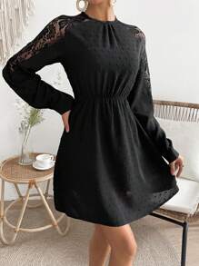 Chiquease Vestido De Manga Raglán Con Encaje Empalmado Para Mujer - Negro - Ver 3