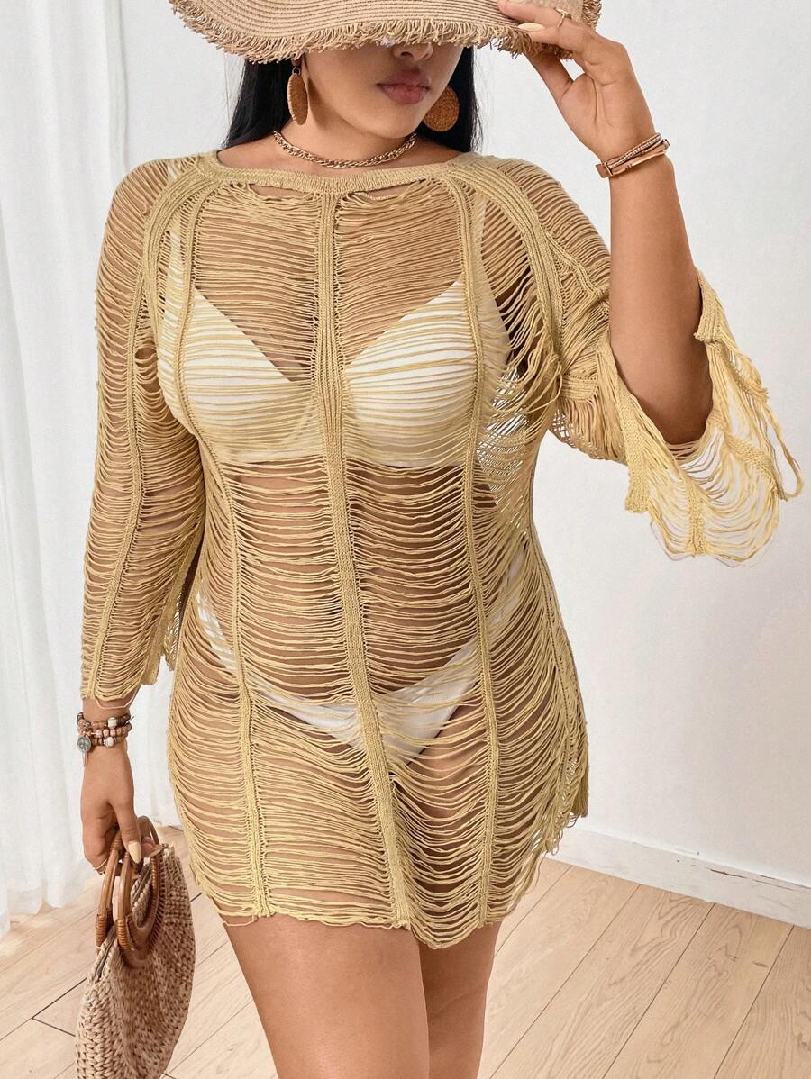 SHEIN Swim Curve Plus Size Hollow Out Fringe Cover Up Summer - Apricot - View 1