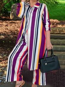 SHEIN LUNE Plus Striped Print Shirt & Wide Leg Pants - Multicolor - View 1