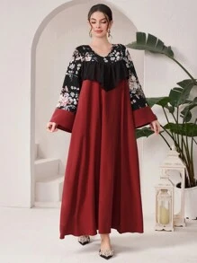 Al Najma Women's Floral Print V-Neck Long Sleeve Color Block Dress