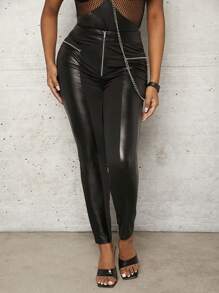 Slaydiva 正面拉鍊 Pu 皮革拼接緊身褲 - 黑色 - 查看 2