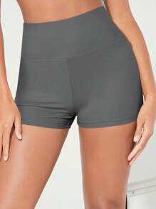 SHEIN BASICS 女士肋紋寬頭帶短褲打底褲 - 深灰色 - 查看 3