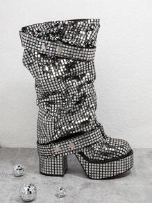 SHUZIA Botas de plataforma media altura con diseño elegante y brillos plateados para mujer, nuevos regalos para Año Nuevo, Día de los Enamorados, zapatos de verano para el Día de San Valentín