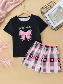 少女簡約蝴蝶印花短褲和短袖兩件套裝,適用於家居休閒穿著 - 彩色 - 查看 1