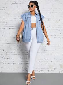 Plus Size Butterfly Print Denim Jacket - Light Wash - View 4