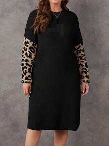 SHEIN LUNE Plus Size Women's Leopard Print Long Sleeve Sweater Dress - Black - View 3