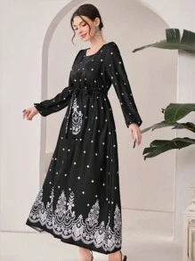 Modelyn Women'S Polka Dot Printed Belted Lantern Sleeve Dress Fall Cloth For Women - Black - View 3