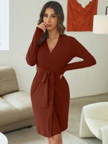 Màu thuần Áo choàng thắt lưng - màu nâu - Xem 4