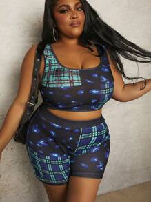 Slaydiva Plus Size Women's Printed Vest And Bodycon Two Piece Set - Multicolor - View 2