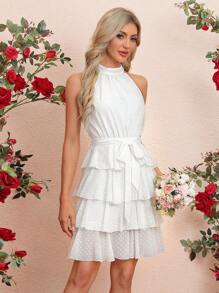 SHEIN Clasi Women'S Sleeveless Halter Neck Multi-Layered Ruffle Hem Dress - White - View 3